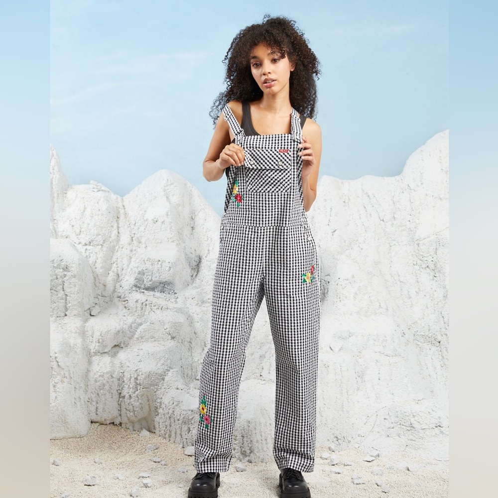 NWT TEDDY FRESH Gingham Embroidered Overalls Dungarees Black White Floral S